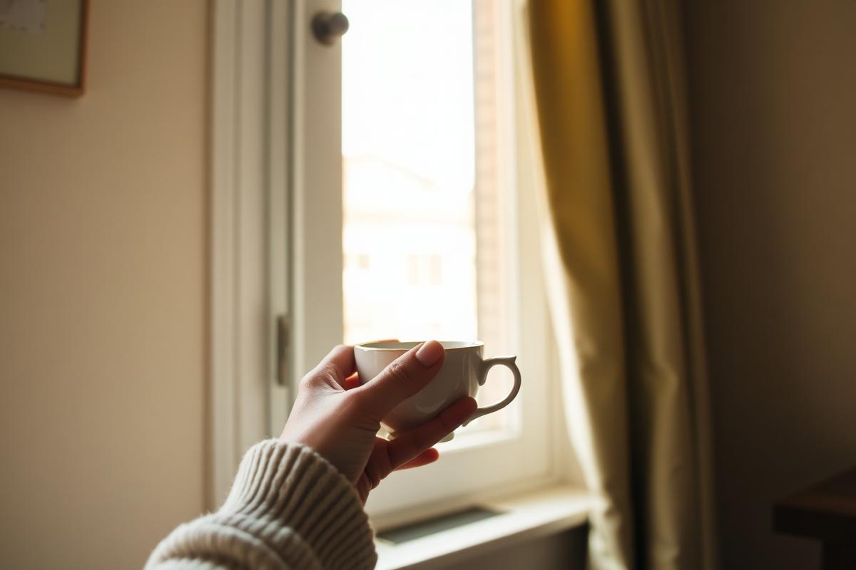 Older adult holding a teacup beside a sunlit window at home in Ontario