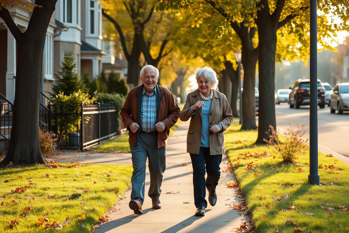 Two seniors walking together along a tree-lined Ontario sidewalk in autumn