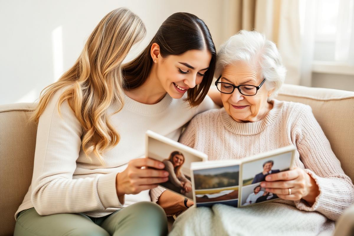 Adult daughter and her mother looking through a photo album together on a sofa