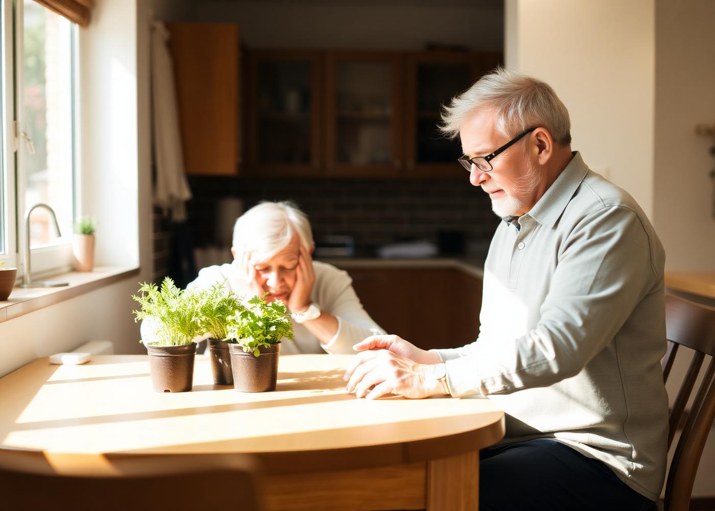 Senior man tending potted herbs at a kitchen table with support nearby